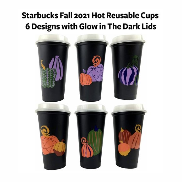 Starbucks - (Set of x6) Halloween Reusable Hot Cups w Glow in the Dark Lids - Picture 1 of 11
